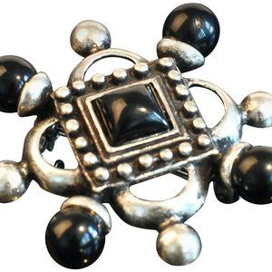 SATIN SILVER SQUARE PIN WITH BLACK CABOCHON CENTER.CHOOSE: PEARL OR BLACK CABS